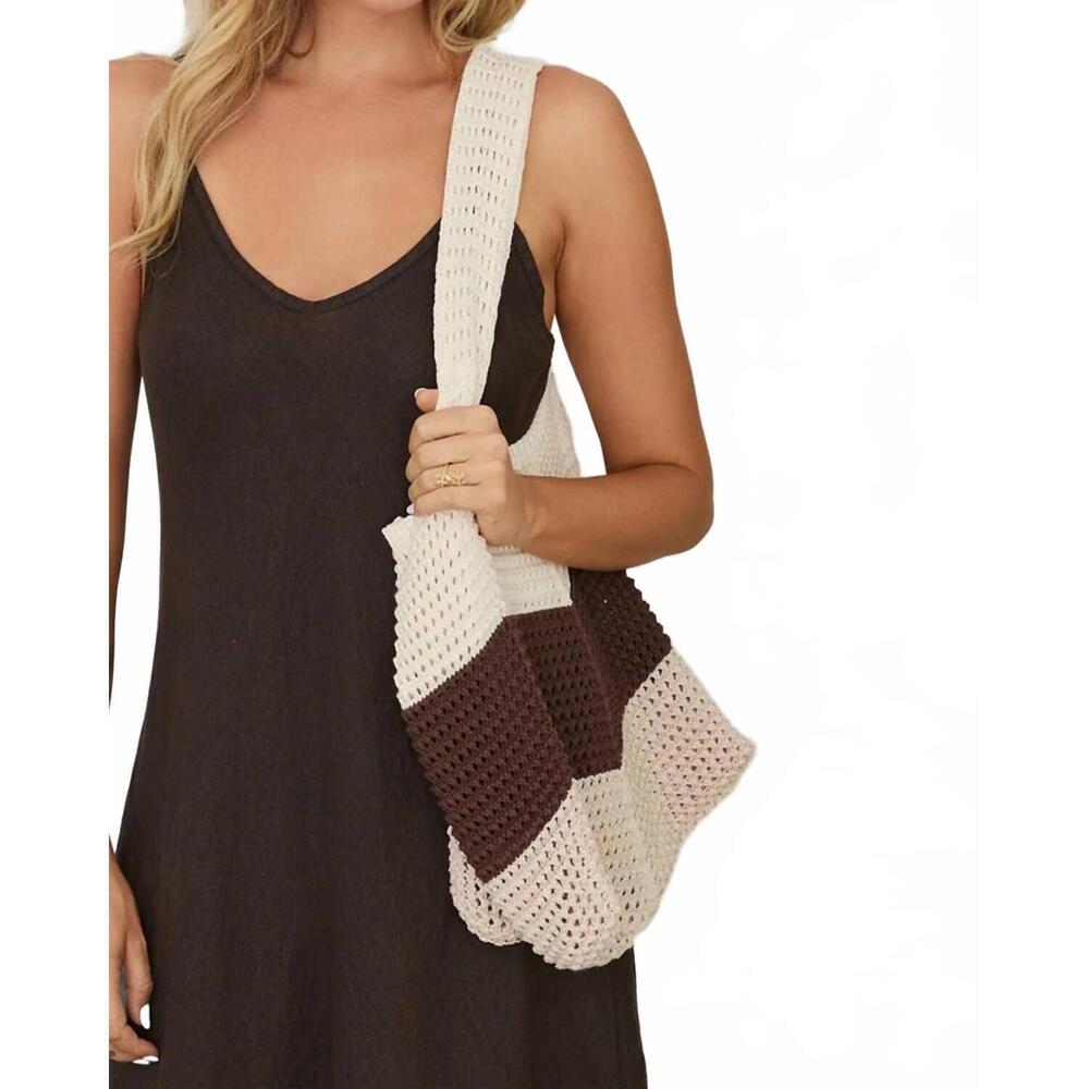 NEW MILIO MILANO women's colorblock knit crochet beach bag in brown/ beige